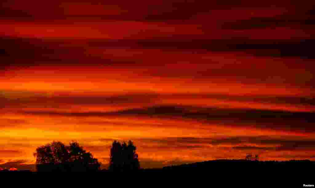 Trees and the mountains of the Lake Tegernsee area are silhouetted against the dawn sky in Warngau, southern Germany.