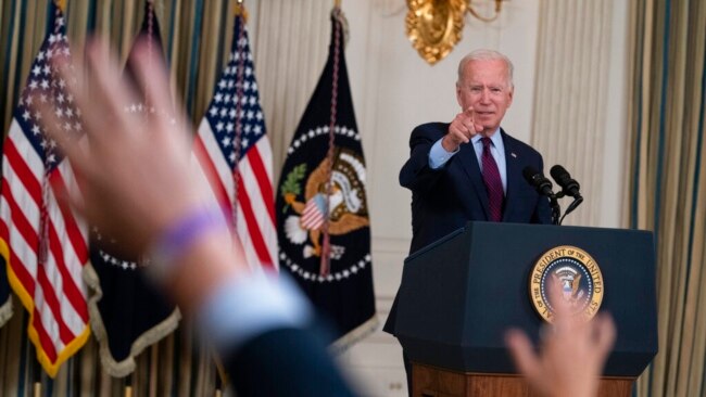 President Joe Biden delivers remarks on the debt ceiling during an event in the State Dining Room of the White House, Oct. 4, 2021.