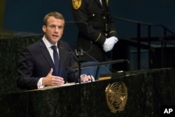 French President Emmanuel Macron addresses the 73rd session of the United Nations General Assembly, Sept. 25, 2018 at U.N. headquarters.