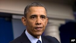 President Barack Obama speaks to reporters in the White House briefing room in Washington, following a meeting with congressional leaders regarding the automatic spending cuts, Mar. 1, 2013.