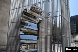 One of Ai Weiwei's sculptures for his project "Good Fences Make Good Neighbors" is seen in Washington Square Park in New York City, Oct. 6, 2017.