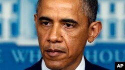 Presiden Barack Obama berbicara di Ruang Briefing Pers James Brady di Gedung Putih in Washington, Monday, April 15, 2013, following the explosions at the Boston Marathon. (AP Photo/Charles Dharapak)