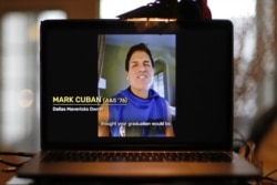 In this April 26, 2020, file photo, University of Pittsburgh graduate Dallas Mavericks owner Mark Cuban congratulates members of the Class of 2020 during a virtual commencement on a computer screen in Pittsburgh.
