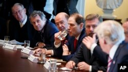 President Donald Trump speaks during a meeting with lawmakers about trade policy in the White House, Feb. 13, 2018. From left, Sen. Lamar Alexander, R-Tenn., Sen. Sherrod Brown, D-Ohio, Secretary of Commerce Wilbur Ross, Sen. Ron Wyden, R-Org., Rep. Rick Crawford, R-Ark., and Trump.