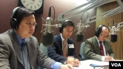 Tung Yap, center, a civil engineer and head of Cambodian Americans for Human Rights and Democracy and Schanly Kuch, right, works at the Education Department in Maryland on “Hello VOA” Thursday.