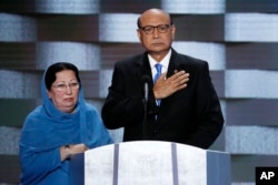 Khizr Khan, father of fallen US Army Capt. Humayun S. M. Khan and his wife Ghazala speak during the final day of the Democratic National Convention in Philadelphia, July 28, 2016.