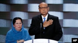 Khizr Khan, father of fallen US Army Capt. Humayun S. M. Khan and his wife Ghazala speak during the final day of the Democratic National Convention in Philadelphia, July 28, 2016.