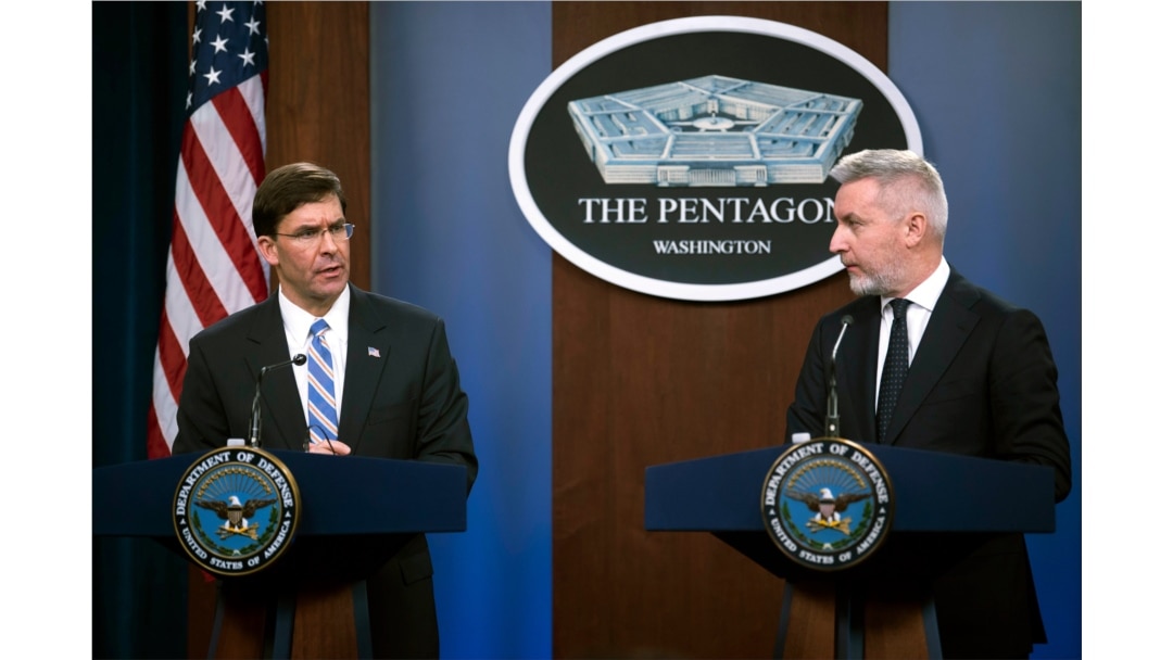Secretary of Defense Mark Esper, left, and Italian Minister of Defense Lorenzo Guerini take part in a joint press conference, Jan. 31, 2020, at the Pentagon in Washington.
