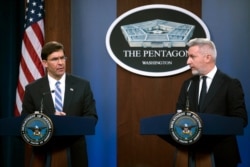 Secretary of Defense Mark Esper, left, and Italian Minister of Defense Lorenzo Guerini take part in a joint press conference, Jan. 31, 2020, at the Pentagon in Washington.