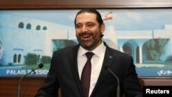 Lebanon's Prime Minister Saad al-Hariri reacts, after the announcement of the new government at the presidential palace in Baabda, Jan. 31, 2019.
