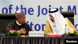 Menteri Energi Arab Saudi Khalid al-Falih berbincang dengan Sekjen OPEC Mohammed Barkindo dalam sesi sidang komite pengawasan tingkat menteri di Aljazair, 23 September 2018.