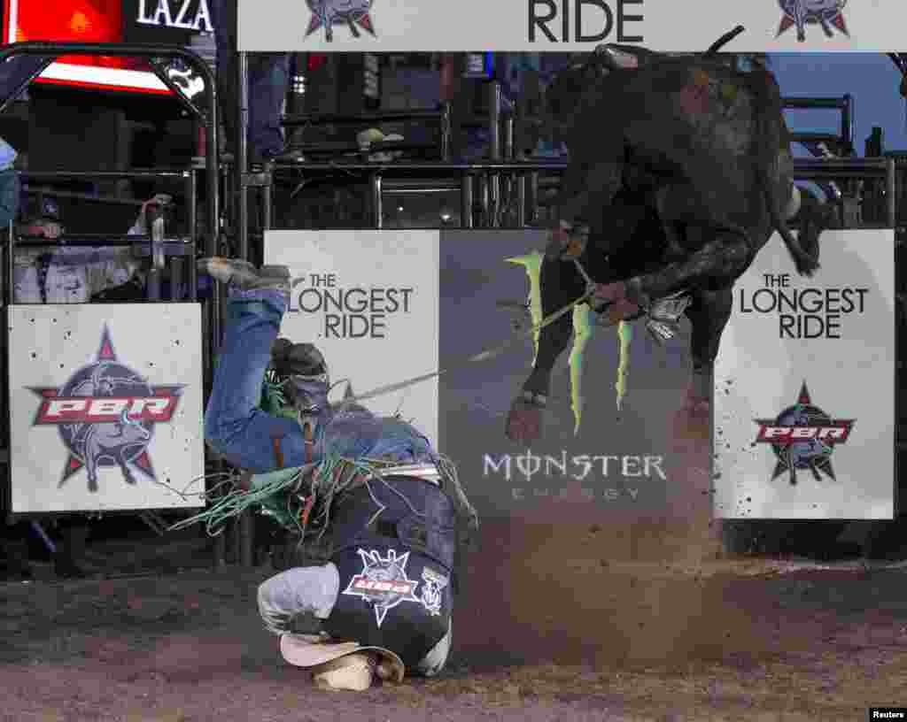 A professional bull rider competes at the premiere of &quot;The Longest Ride&quot; at the TCL Chinese theater in Hollywood, California, April 6, 2015.
