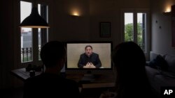 The leader of the Catalan ERC party and European Parliament candidate Oriol Junqueras speaks from Soto del Real prison in Madrid, Spain, May 24, 2019, during an interview via video conference with The Associated Press in Barcelona, Spain. 