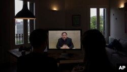 The leader of the Catalan ERC party and European Parliament candidate Oriol Junqueras speaks from Soto del Real prison in Madrid, Spain, May 24, 2019, during an interview via video conference with The Associated Press.