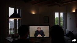 Oriol Junqueras speaks from Soto del Real prison in Madrid, Spain, May 24, 2019, during an interview via video conference with The Associated Press in Barcelona, Spain. 