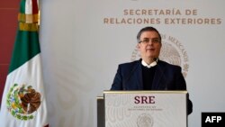 FILE - Mexican Foreign Minister Marcelo Ebrard speaks at the Foreign Ministry in Mexico City, Mexico, Dec. 18, 2018.