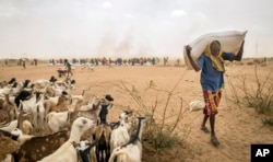 FILE - Drought-stricken Ethiopians receive aid in the Shinile Zone of Ethiopia near the border with Somalia, April 8, 2016.