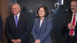 台灣總統蔡英文與美國國會議員見面，在她左手邊的是眾議院外交委員會主席恩格爾(Rep. Eliot Enge)，她右手邊的是參議院外交委員會首席民主黨參議員梅嫩德斯(Sen. Bob Menendez)。（2019年7月12日，台灣總統府提供）