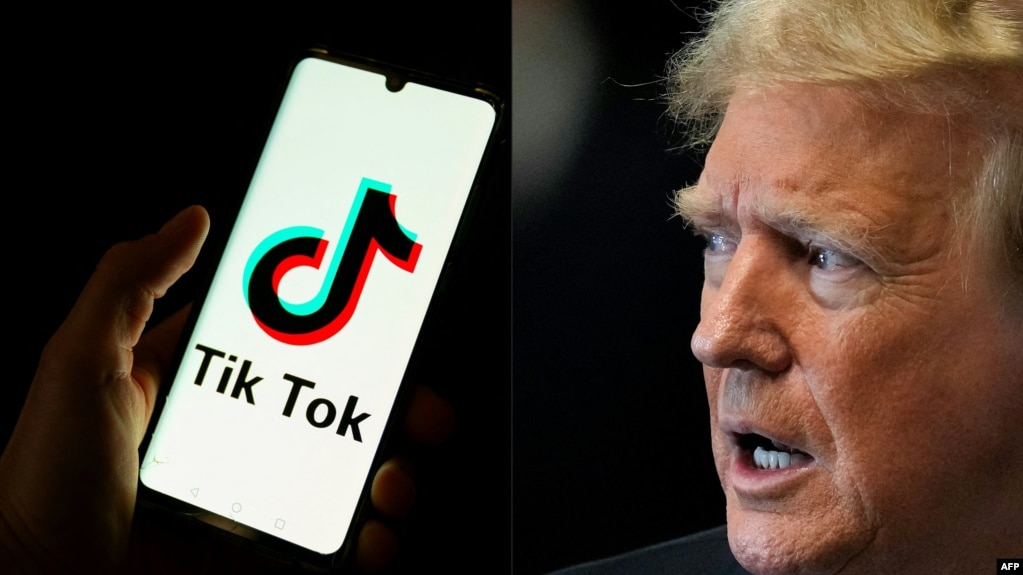 Hình ảnh ghép mành hỉnh điện thoại ứng dụng TikTok và Tổng thống đắc cử Mỹ Donald Trump. Ứng dụng do công ty ByteDance của Trung Quốc sở hữu bị buộc phải thoái vốn ở Mỹ nếu không muốn bị cấm ngay trước ngày ông Trump nhậm chức.