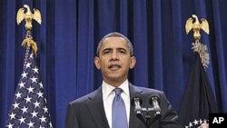 President Barack Obama delivers a statement to members of the media in the in the Old Executive Office Building, on the White House campus in Washington, Nov. 29, 2010