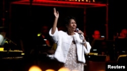 FILE - Aretha Franklin performs during the commemoration of the Elton John AIDS Foundation 25th year fall gala at the Cathedral of St. John the Divine in New York City, in New York, U.S., Nov. 7, 2017. 