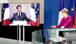 FILE: German Chancellor Angela Merkel holds a joint video news conference with French President Emmanuel Macron in Berlin, Germany, May 18, 2020.