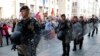 Policemen guard the country's first ever LGBT pride parade in downtown Sarajevo, Bosnia-Herzegovina, Sept. 8, 2019. 