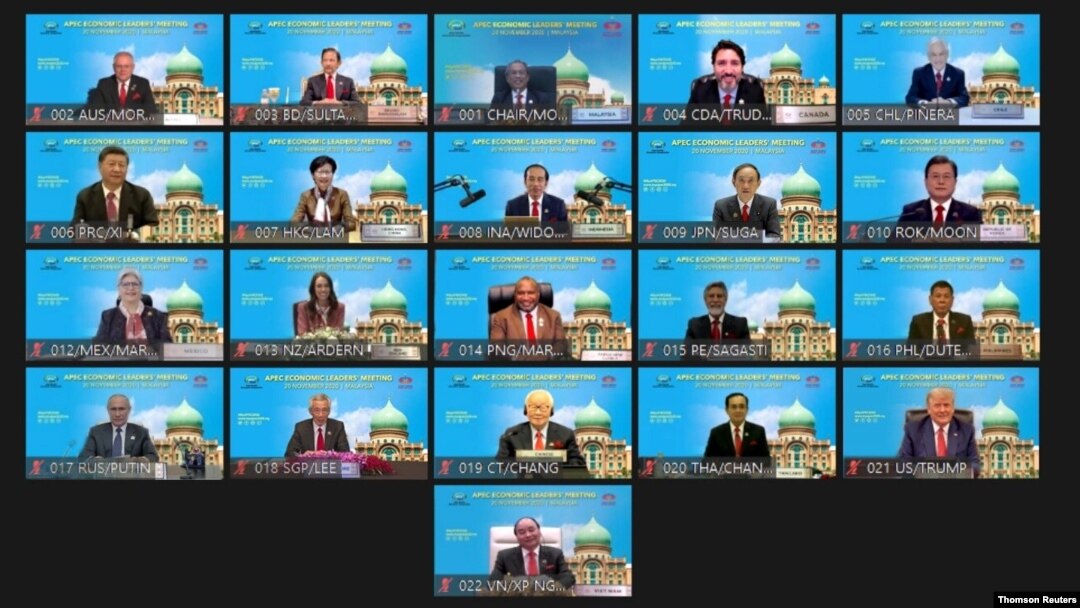 2020 APEC 정상회의가 화상으로 진행되면서 각국 정상들의 모습이 화면에 보여지고 있다. 