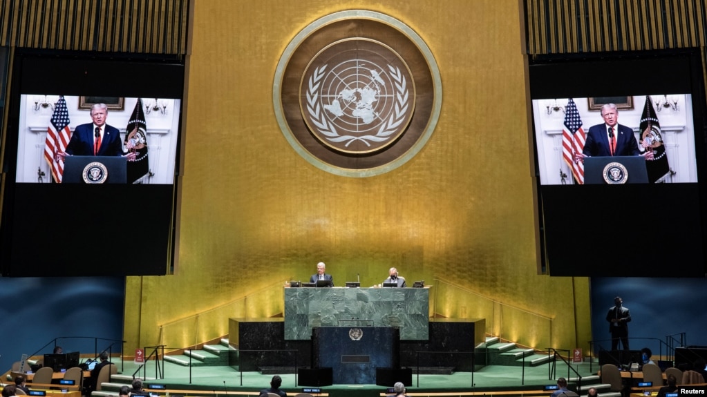 美国总统特朗普在联合国大会发表视频讲话。(2020年9月22日)