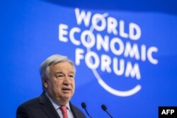 FILE - UN Secretary-General Antonio Guterres addresses the assembly during the WEF meeting in Davos on January 17, 2024.