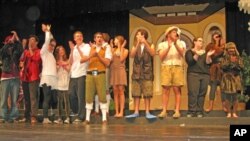 All of the competitors gather onstage for the 45th annual Piedmont Bird Calling Contest held at a California high school.