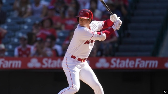 Los Angeles Angels' designated hitter Shohei Ohtani (17) waits for a pitch during the sixth inning of a baseball game against the Texas Rangers in Anaheim, Calif., Oct. 2, 2022. (AP Photo/Ashley Landis, File)