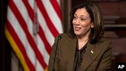 FILE—Vice President Kamala Harris speaks as she meets with voting rights leaders, in the Indian Treaty Room, February 27, 2024, of the Eisenhower Executive Office Building on the White House complex in Washington.