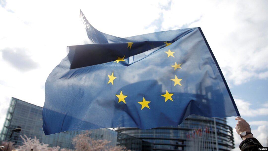 Arhiva - Demonstrant drži zastavu Evropske unije ispred zgrade Evropskog parlamenta u Strazburu, Francuska, 26. marta 2019.