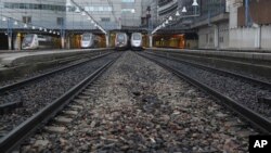 High-speed trains park at the Gare Montparnasse train station, Dec. 6, 2019 in Paris.