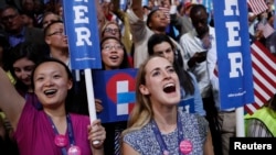 Female delegates cheer as Democratic presidential nominee Hillary Clinton accepts the nomination on the fourth and final night at the Democratic National Convention in Philadelphia, Pennsylvania, July 28, 2016.
