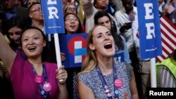 Female delegates cheer as Democratic presidential nominee Hillary Clinton accepts the nomination on the fourth and final night at the Democratic National Convention in Philadelphia, Pennsylvania, July 28, 2016. 