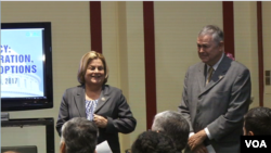 Republican House members Ileana Ros-Lehtinen and Dana Rohrabacher prepare to speak to the Organization of Iranian-American Communities (OIAC), an Iranian opposition group, at the Rayburn House Office Building in Washington, Jan. 24, 2017.