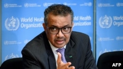 រូបឯកសារ៖ លោក Tedros Adhanom Ghebreyesus អគ្គលេខាធិការ​អង្គការ​សុភាពពិភពលោក WHO ក្នុង​សន្និសីទ​សារព័ត៌មាន អំពី​ជំងឺកូរ៉ូណា នៅ​ទី​ក្រុង​ហ្សឺណែវ ប្រទេស​ស្វ៊ីស កាល​ពី​ថ្ងៃ​ទី៩ ខែមីនា ឆ្នាំ២០២០។