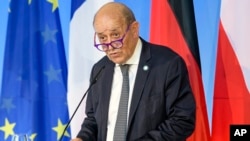 FILE - In this Friday, Sept. 10, 2021 file photo, French Foreign Minister Jean-Yves Le Drian speaks in Weimar, Germany.