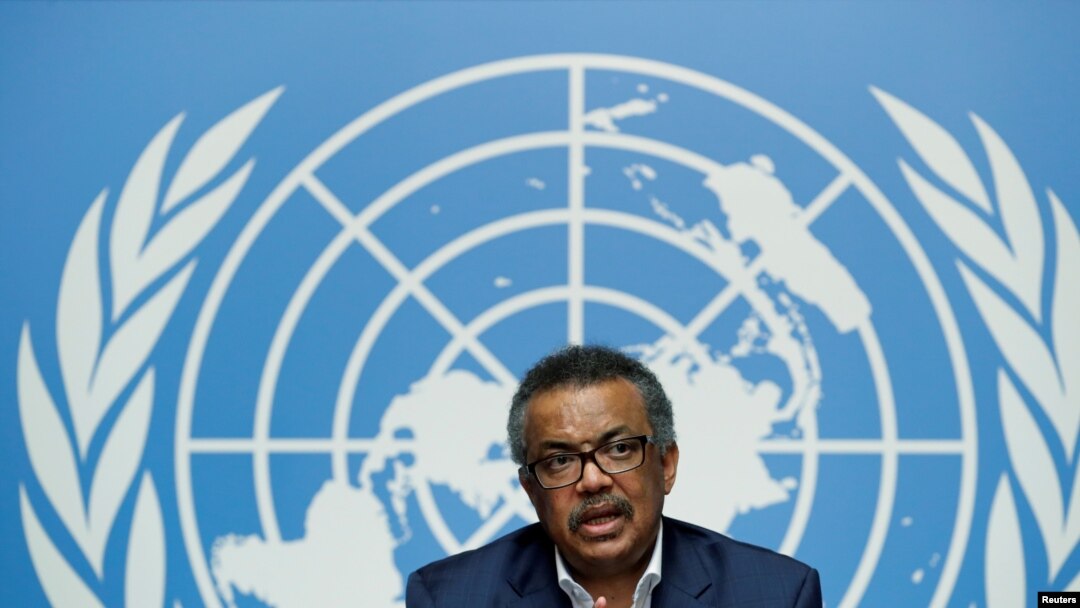 Umuyobozi wa OMS, Tedros Adhanom Ghebreyesus mu kiganiro n'abamenyeshamakuru ku cicaro ca OMS i Geneve, mu Busuwisi, kw'itariki ya 14/08/2018.