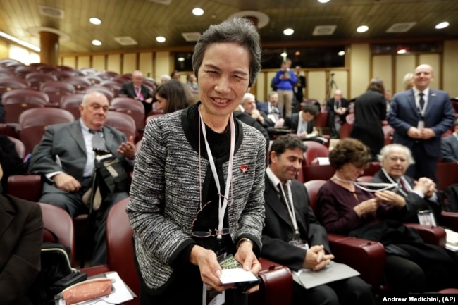 FILE - Assistant Secretary General of Nihon Hidankyo and atomic bomb survivor Masako Wada at a disarmament conference, Nov. 10, 2017. Ninon Hidankyo has been awarded the 2024 Nobel Peace Prize. (AP Photo/Andrew Medichini, File)