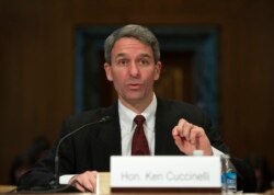 FILE - Former Virginia Attorney General Ken Cuccinelli testifies on Capitol Hill in Washington, Jan. 20, 2016, before a Senate subcommittee hearing on gun control proposals.