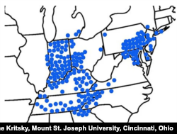 A Brood X cicada tracker map on CicadaSafari.com shows locations in the US where the bugs are appearing after 17 years of being underground. (Courtesy Cicada Safari/Gene Kritsky, Mount St. Joseph University, Cincinnati, Ohio)