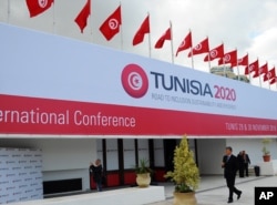 FILE - An outside view of the international conference center in Tunis, Tunisia, where investors converged to attend an international investment conference called "Tunisia 2020" as the government tried to drum up billions of dollars to keep its young democracy from falling into economic collapse, Nov. 30, 2016.