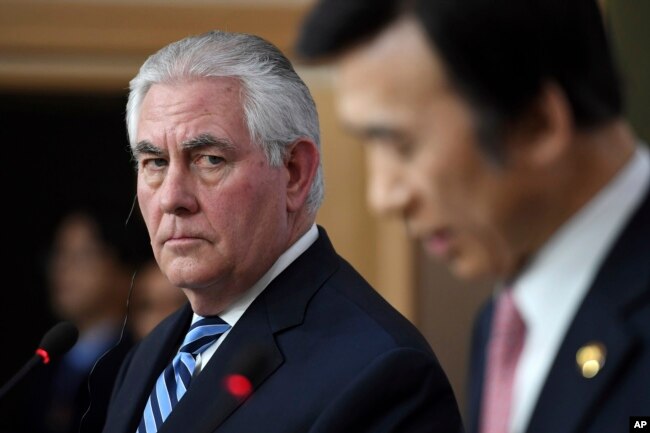 U.S. Secretary of State Rex Tillerson looks on as South Korean Foreign Minister Yun Byung-se speaks during a press conference in Seoul, March 17, 2017.