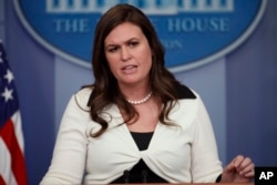 FILE - Deputy White House press secretary Sarah Huckabee Sanders speaks during the daily press briefing at the White House in Washington, May 11, 2017.