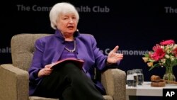 Federal Reserve Board Chair Janet Yellen answers questions during a meeting of the Commonwealth Club, Jan. 18, 2017, in San Francisco. Yellen talked about the Fed's goals and the best way to pursue them during her appearance. 