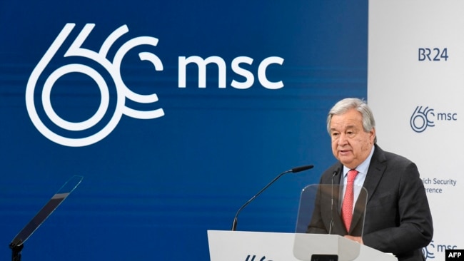 U.N. Secretary-General Antonio Guterres delivers his speech during the opening of the 60th Munich Security Conference at the Bayerischer Hof Hotel in Munich, Germany, on Feb. 16, 2024. “Today we see countries doing whatever they like, with no accountability,