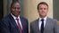 FILE—France's President Emmanuel Macron (R) poses with President of Central African Republic Faustin-Archange Touadera (L) prior to a working lunch at the presidential Elysee Palace in Paris on April 17, 2024.